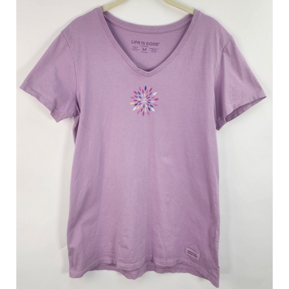 Life Is Good Crusher V-Neck Tee Women's M Lavender Flower Floral
